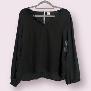 Melrose and Market Black Semi Sheer Long Sleeve Lace Trim Blouse Small